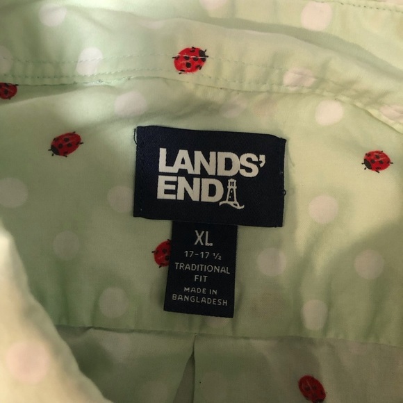 Lands End Men's XL Green and Red Polka Dot Shirt Lady Bug Print Button Down S/S - Picture 5 of 6